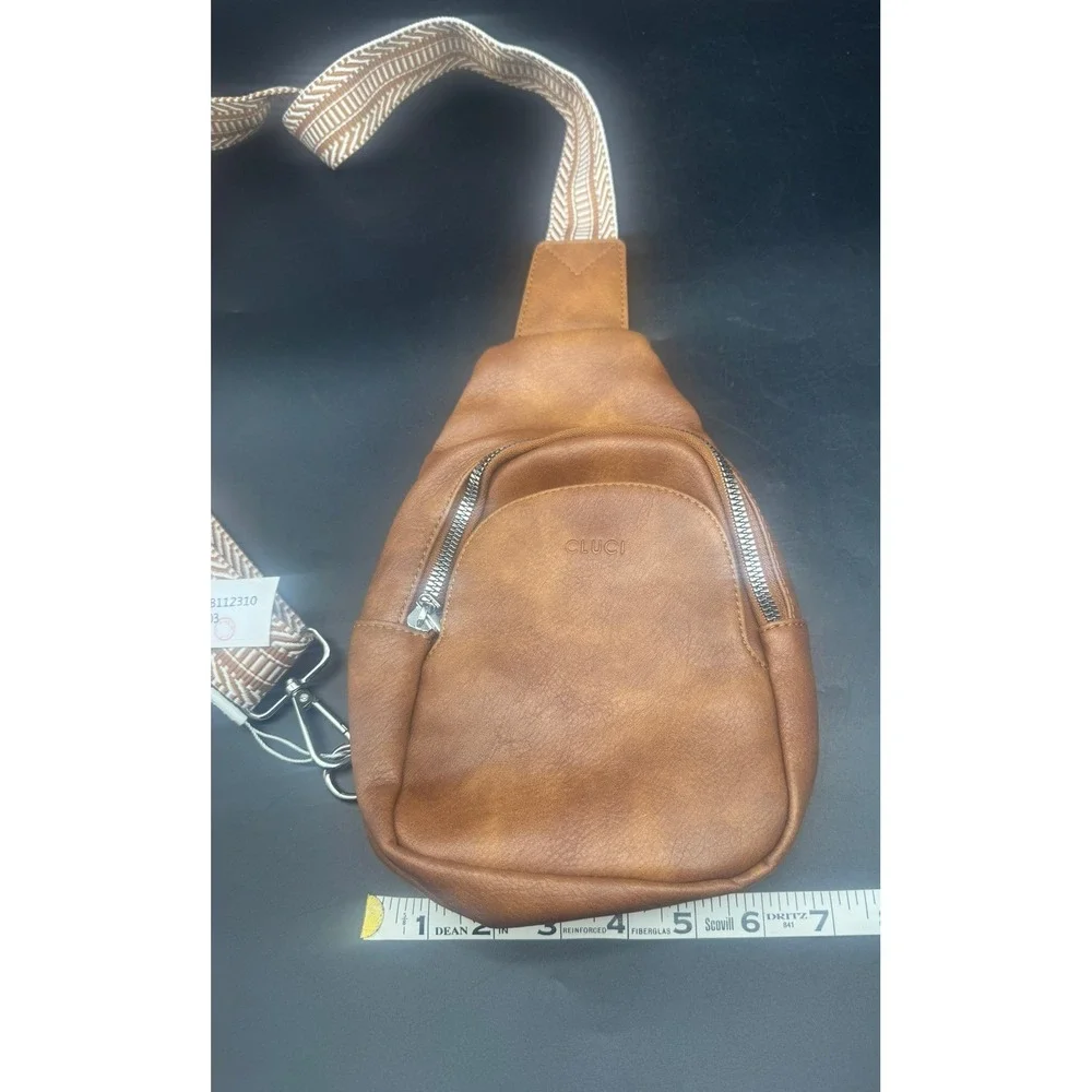 CLUCI Sling Bag Cognac Brown Vegan Leather Crossbody Chest Pack Strap NEW